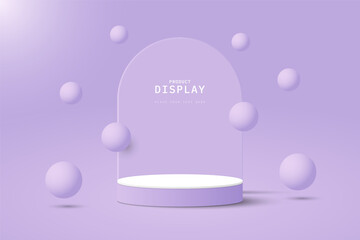Abstract white purple 3D cylinder podium pedestal with arch shape and balls floating or bouncing up and down on the air. Round 3D stage scene for showcase. Vector geometric platforms design.