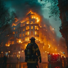 Firefighter in action during nighttime building blaze. urban hero battling flames. emergency response scene. generative AI - obrazy, fototapety, plakaty