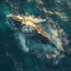 Majestic whale surfaces amidst shimmering ocean waters. wildlife in natural habitat. high-resolution, aerial perspective. generative AI