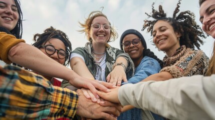 A cheerful and diverse group of young friends with their hands together in a gesture of unity, friendship, and teamwork, showcasing diversity and inclusion.
