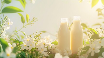 Fototapeta na wymiar Glass milk bottle mockup with blank label in cozy kitchen setting for branding template