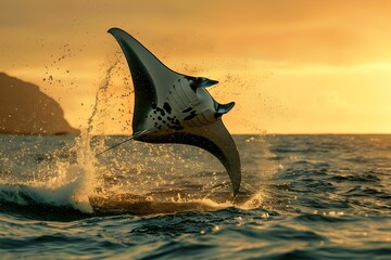 Stunning manta ray leaping from ocean at sunset. Nature's beauty captured in a breathtaking moment. Wildlife photography. Generative AI