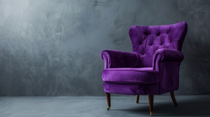 Fashionable purple designer armchair on a grey background. This piece of seating furniture exudes contemporary elegance. - obrazy, fototapety, plakaty