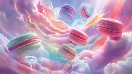 Keuken spatwand met foto pastel macarons whirling and separating into their radiant hues, surrounded by swirling vortexes of pastel-colored clouds and shimmering ethereal light in a mesmerizing 3D fantasy landscape. © SKYNET