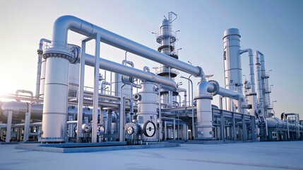 A contemporary gas processing plant with equipment and facilities, ideal for adding an industrial and natural gas theme to designs.
