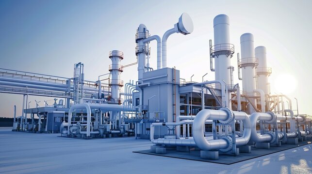 A contemporary gas processing plant with equipment and facilities, ideal for adding an industrial and natural gas theme to designs.