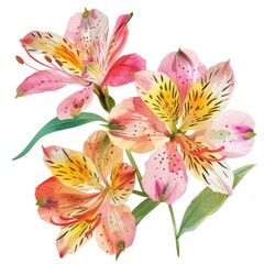 Watercolor alstroemeria clipart featuring colorful blooms with speckled petals , on white background