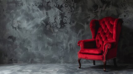 Fashionable red designer armchair on a grey background. This piece of seating furniture exudes contemporary elegance.