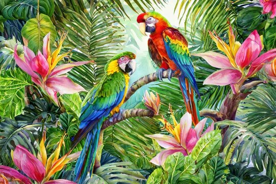 Tropical oasis - exotic flowers and paradise birds - parrots, jungle