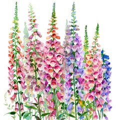 Watercolor foxglove clipart with tall spires of colorful flowers , on white background - obrazy, fototapety, plakaty