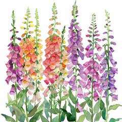 Watercolor foxglove clipart with tall spires of colorful flowers , on white background - obrazy, fototapety, plakaty