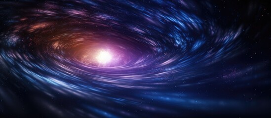 The swirling vortex resembles a cosmic wormhole in space, with a radiant light at the end, surrounded by electric blue clouds and a violet sky - obrazy, fototapety, plakaty