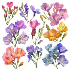 Watercolor freesia clipart with fragrant blooms in various colors , on white background