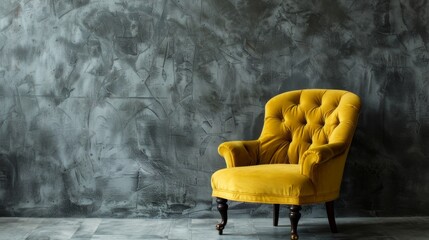 Fashionable yellow designer armchair on a grey background. This piece of seating furniture exudes contemporary elegance. - obrazy, fototapety, plakaty