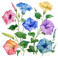 Watercolor morning glory clipart with trumpetshaped flowers in various colors , on white background