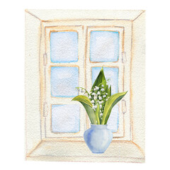 Bouquet of lily of the valley flowers in a white vase stands on the window, hand drawn. Watercolor illustration of spring flowers
