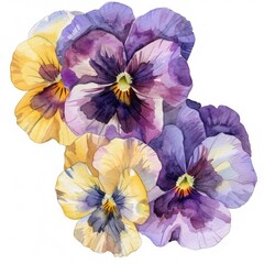 Watercolor pansy clipart in shades of purple, yellow, and white , on white background