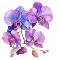 Fototapeta na wymiar Watercolor orchid clipart featuring exotic blooms in purple and pink hues , on white background