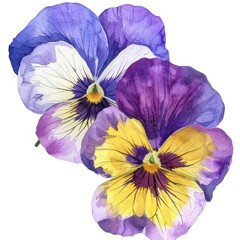 Watercolor pansy clipart in shades of purple, yellow, and white , on white background