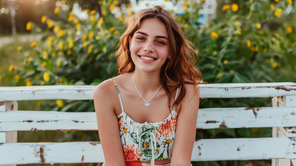 Naklejka premium A young woman is seated on a white bench outdoors