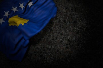 beautiful labor day flag 3d illustration. - dark illustration of Kosovo flag with large folds on dark asphalt with empty space for your content