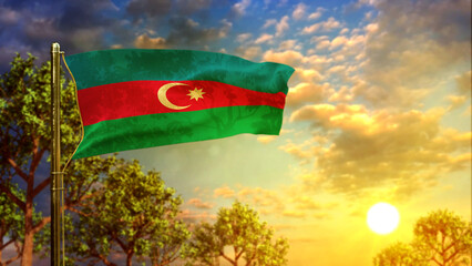 waving flag of Azerbaijan at sundown for day of the flag - abstract 3D rendering
