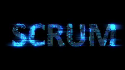 defocused glitch electrical light cybernetic blue text SCRUM, isolated - object 3D illustration