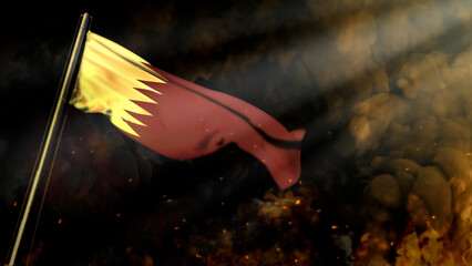 bokeh Qatar flag on smoke with sun beams bg - problem concept - abstract 3D illustration