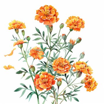 orange marigolds watercolor painting on white clip art preview