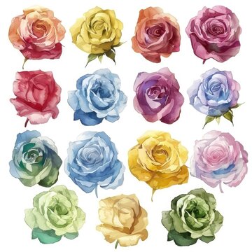 Watercolor rose clipart in various colors and angles , on white background