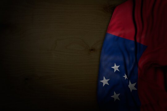 nice any occasion flag 3d illustration. - dark photo of Samoa flag with large folds on dark wood with free space for your text