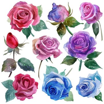 Watercolor rose clipart in various colors and angles , on white background