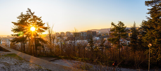 Golden hour panoramic view of Varna, Bulgaria. Photo taken from Soviet Monument Varna - obrazy, fototapety, plakaty