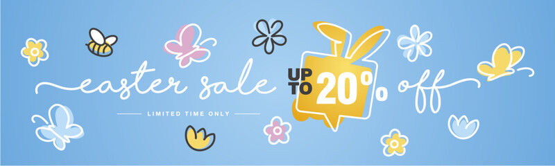 Spring Easter Sale up to 20 percent off handwritten typography lettering line design bunny speech bubble colorful flowers butterflies tulips blue greeting card - obrazy, fototapety, plakaty