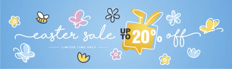 Foto op Plexiglas Spring Easter Sale up to 20 percent off handwritten typography lettering line design bunny speech bubble colorful flowers butterflies tulips blue greeting card © simbos