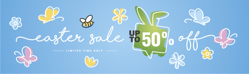 Spring Easter Sale up to 50 percent off handwritten typography lettering line design bunny speech bubble colorful flowers butterflies tulips blue greeting card - obrazy, fototapety, plakaty