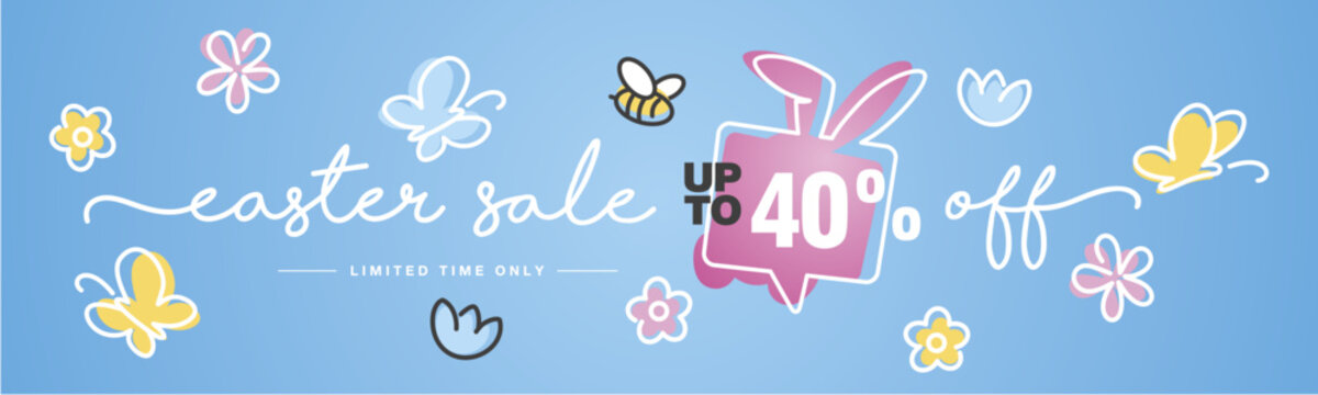 Spring Easter Sale up to 40 percent off handwritten typography lettering line design bunny speech bubble colorful flowers butterflies tulips blue greeting card