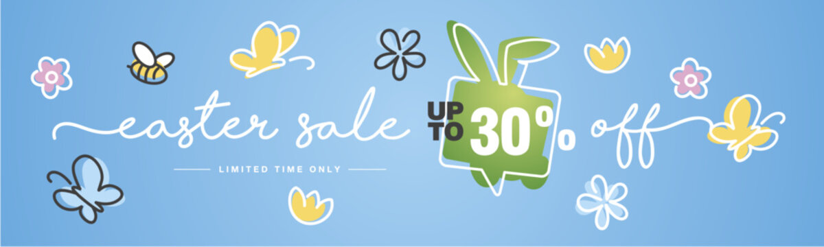 Spring Easter Sale up to 30 percent off handwritten typography lettering line design bunny speech bubble colorful flowers butterflies tulips blue greeting card
