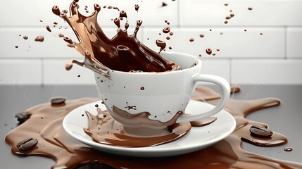 chocolate splash in white cup, isolated on white background.