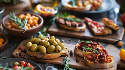 Assorted gourmet tapas on a rustic wooden table, showcasing Mediterranean cuisine with vibrant colors and fresh ingredients.