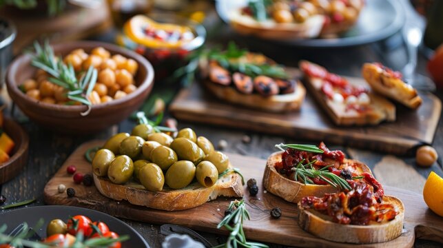 Assorted gourmet tapas on a rustic wooden table, showcasing Mediterranean cuisine with vibrant colors and fresh ingredients.