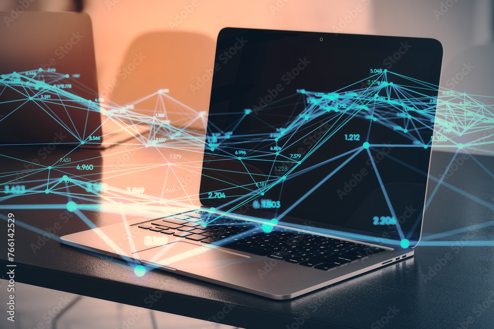 Poster close up of workplace with laptop and creative glowing polygonal interface on blurry background. tec