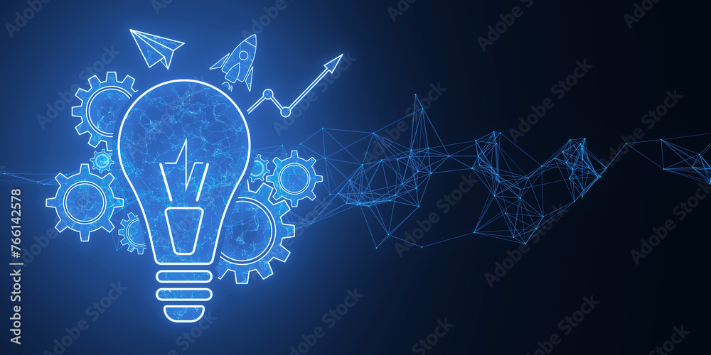 Poster glowing blue lightbulb, cogwheel and arrow hologram. innovation and creative idea concept. 3d render
