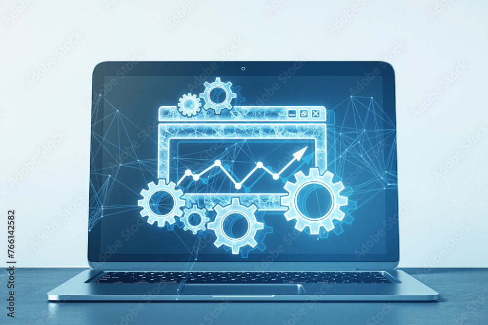 Poster Close up of laptop on desk with digital folder with cogs, mesh and arrows on blurry backdrop. Project Management icon, data management, folder, project goals, task management concept. 3D Rendering.