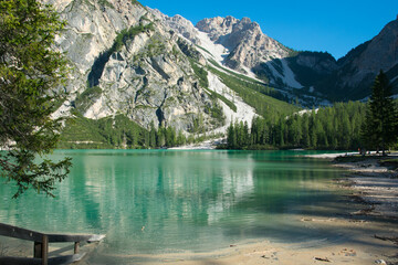 Romantic view of Braies Lake ( Pragser Wildsee ) in Dolomites mountains, South Tyrol, Italy