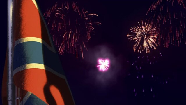 hanging Novorossia flag on firework sky bokeh bg
