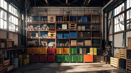 A vintage industrial warehouse with old-fashioned storage shelves and crates, ideal for adding a...