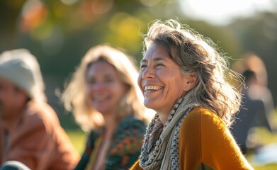 A laughter yoga session in a park, with participants enjoying the health benefits of laughter and communal joy.