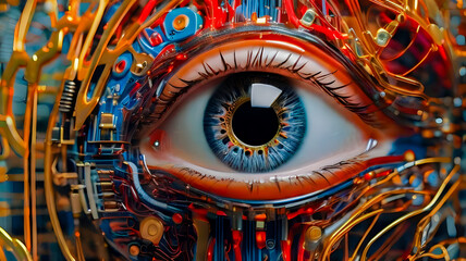 Cybernetic Vision,Artificial Intelligence Through Human Eye Adorned with Circuit Boards in Intricate Technological Concept