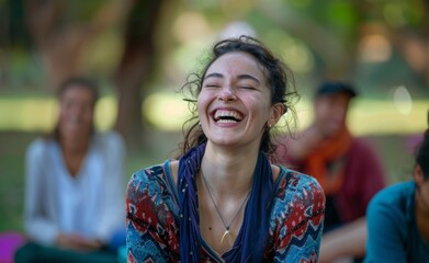 A laughter yoga session in a park, with participants enjoying the health benefits of laughter and communal joy.